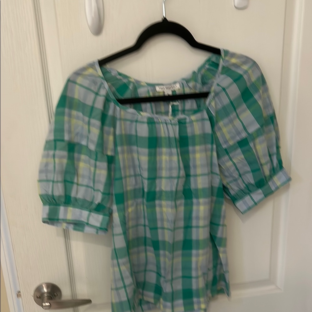 Free assembly green plaid top size medium 100 percent cotton